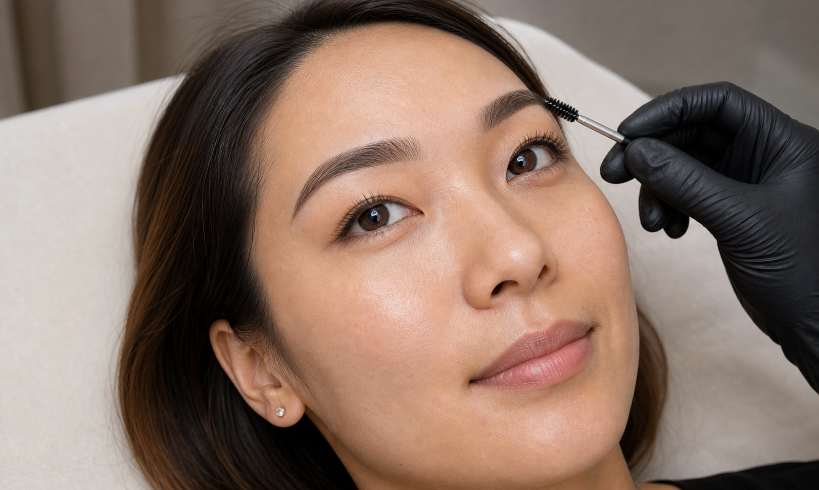 Brow symmetry review with a spoolie brush